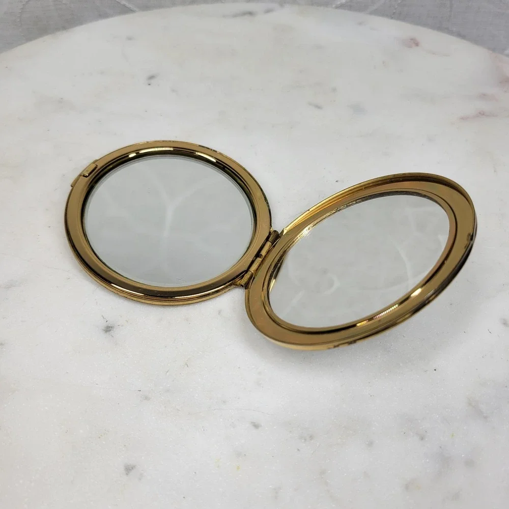 Vintage Napier Stratton Compact Mirror Black Gold Double Sided Hinged England